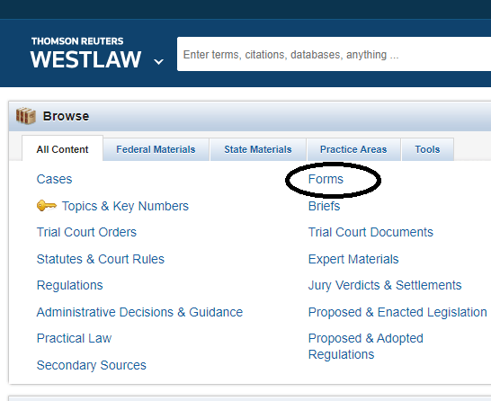 Westlaw browse screen, "All Content" tab, then "Forms" is ninth on the list.