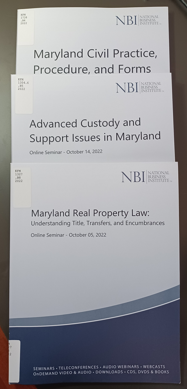 Covers of NBI titles: Maryland Civil Practice, Procedure, and Forms; Advanced Custody and Support Issues in Maryland; Maryland Real Property Law: Understanding Title, Transfers, and Encumbrances